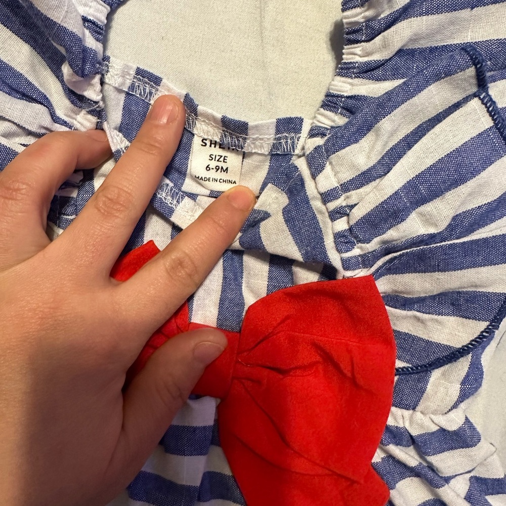 SHEIN Blue and White Striped Dress with Red Bow - Picture 2 of 2